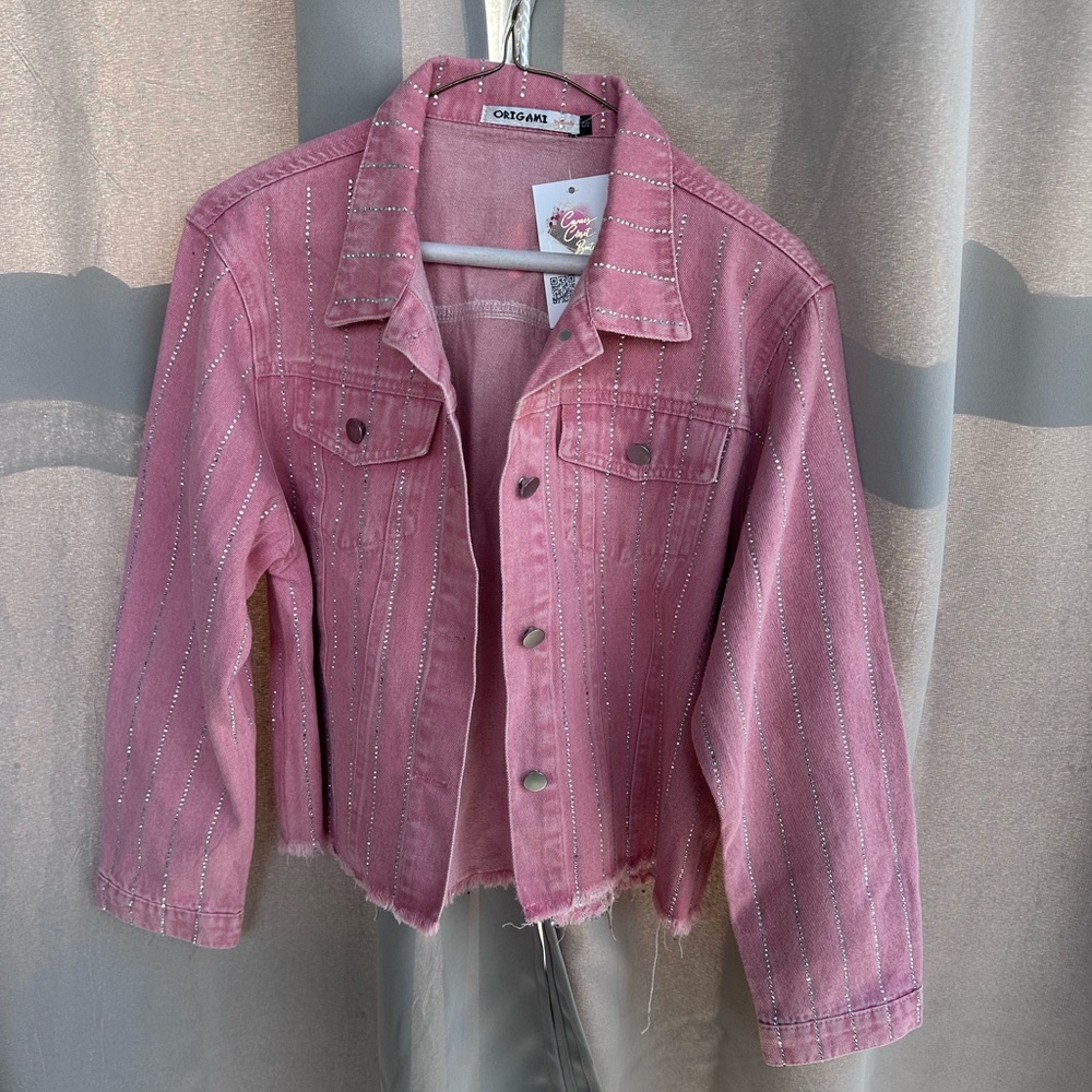 Pink Origami Rhinestone Denim Jean Jacket NWT small and medium available